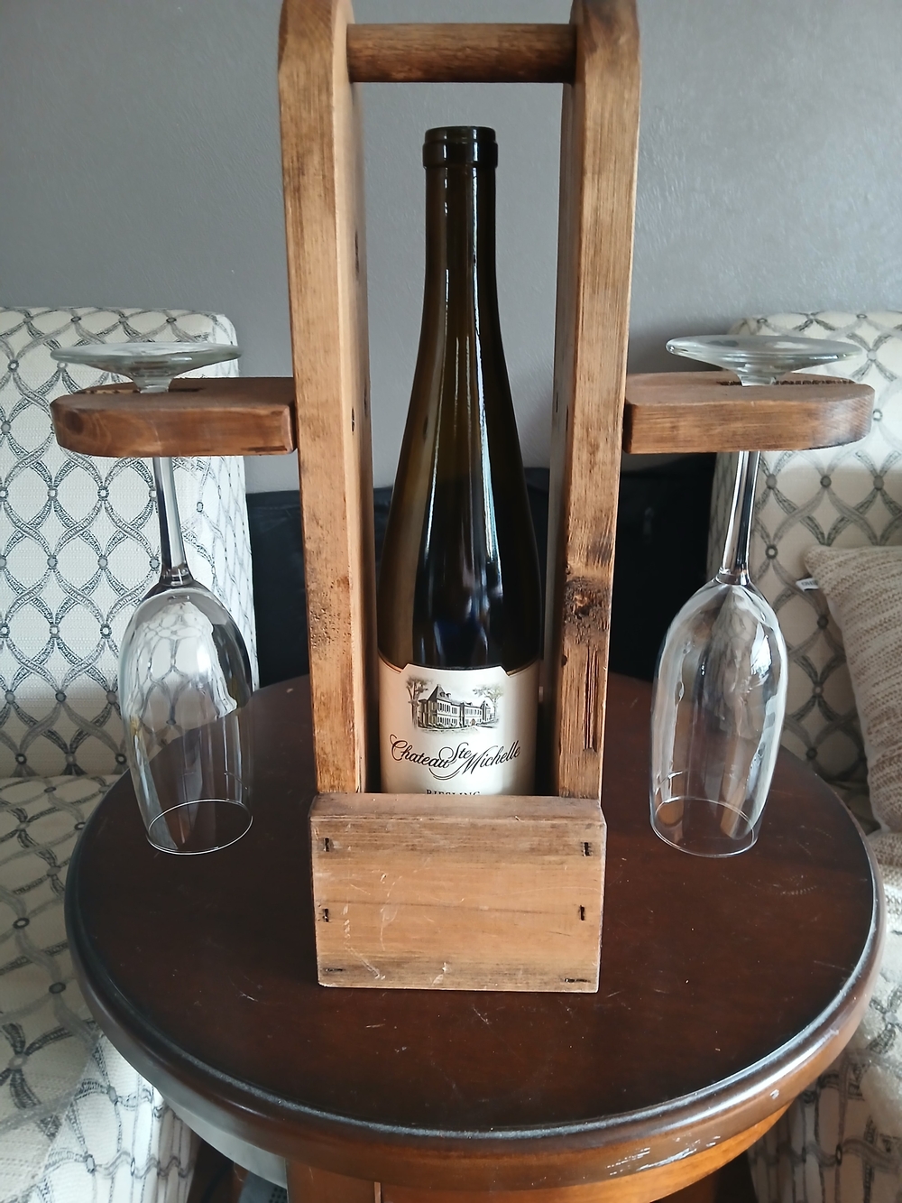 Handmade oak wine bottle and glass holder.  ×Bottle and Glasses NOT included.